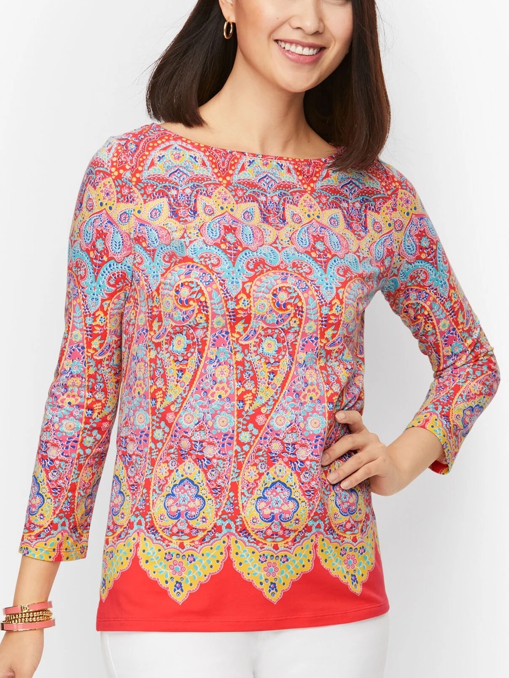 Talbots Plus Sz 2X Preppy Medallion Paisley 3/4 Sleeve Cotton Bateau Neck Tee